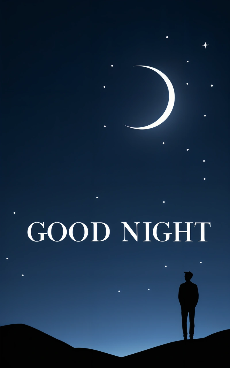 A man standing on a hill looking at the stars and the moon in the sky with the words good night written below it on a night sky, night, a poster, dau-al-set