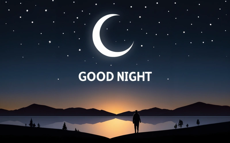 A man standing on a hill looking at the moon and stars above him with the words good night written on it in the sky above the water, night, vector art, dau-al-set