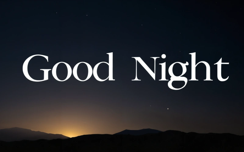 A picture of a night sky with the words good night in white letters on it and a full moon in the distance with mountains in the background, night, a digital rendering, dau-al-set