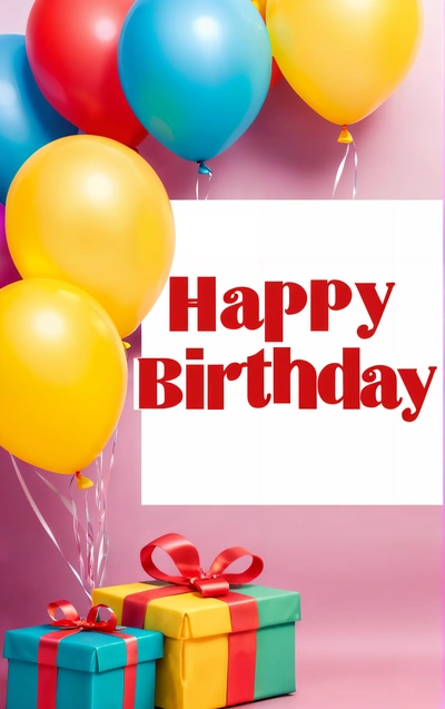 A Birthday card with balloons and presents on a pink background with a sign that says happy Birthday to you and a bunch of balloons with a gift, plain background, a pastel, international typographic style