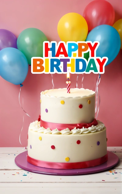 A Birthday cake with a candle and balloons in the background with a happy Birthday sign on top of it that says happy Birthday with a lot of balloons, plain background, a pastel, american barbizon school