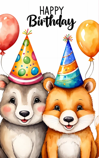 A happy Birthday card with two animals wearing party hats and balloons on top of each other, with a happy Birthday message in the middle, highly detailed digital painting, a storybook illustration, furry art
