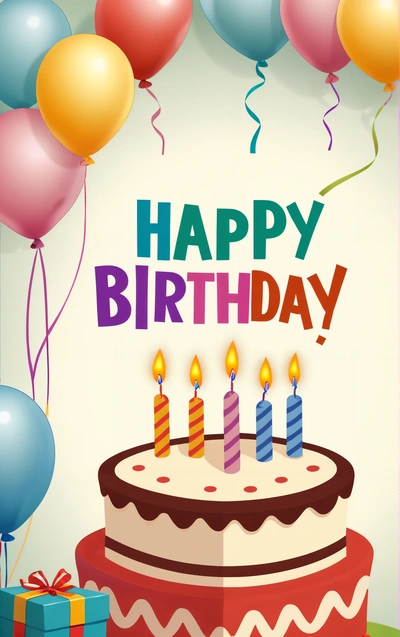 A Birthday cake with candles and balloons on a table with a gift box and a box of balloons in the background with a happy Birthday message, plain background, a pastel, american barbizon school