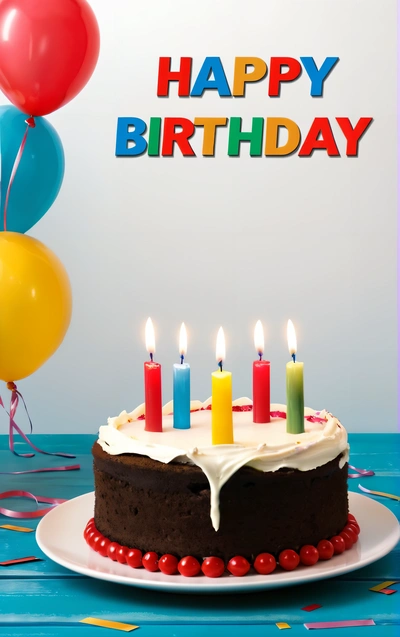A Birthday cake with candles and balloons on a table with a happy Birthday card in the background with a balloon and streamers in the foreground, plain background, a pastel, international typographic style