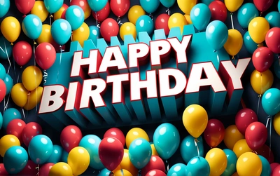 A Birthday card with balloons and a happy Birthday message in the middle of it with a background of balloons and a blue box with a red and white sign, plain background, a pastel, international typographic style