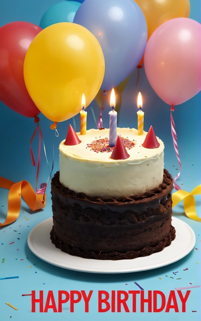 A Birthday cake with candles and balloons on a table with a blue background and a happy Birthday message in the middle of the cake is a, professional food photography, a pastel, international typographic style