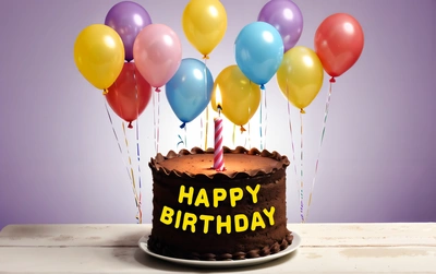 A Birthday cake with balloons on top of it and a candle in the middle of the cake that says happy Birthday on it, with a purple background, plain background, a pastel, international typographic style