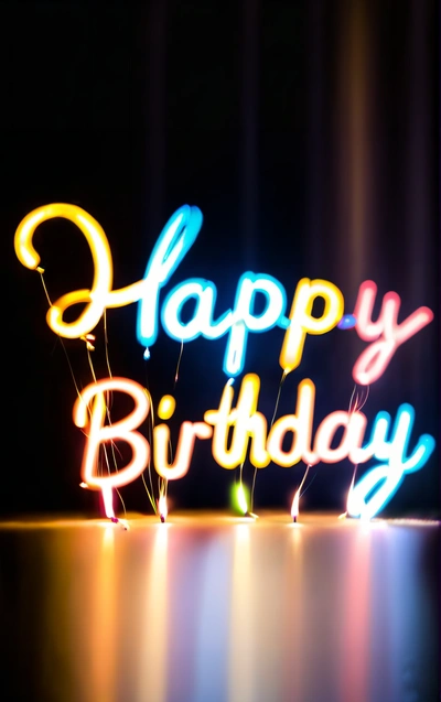 A Birthday card with a lit up Birthday cake and candles on it's side and a black background with a curtain behind it and a black backdrop, neon lighting, a pastel, international typographic style