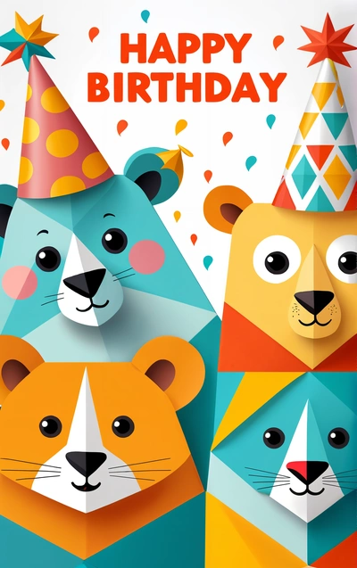 A Birthday card with three bears wearing party hats and a bear with a party hat on it's head and a bear with a party hat on its head, behance hd, vector art, geometric abstract art