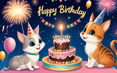 A cat and a dog are sitting in front of a Birthday cake with candles on it and balloons and streamers in the background,, happy, a pastel, naive art