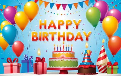 A Birthday cake with candles and presents under balloons and streamers with the words happy Birthday on it and a blue background with balloons and streamers, plain background, a pastel, american barbizon school