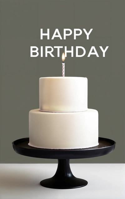 A white cake with a candle on top of it with a happy Birthday message on it's side and a gray background behind it, grey background, a pastel, international typographic style