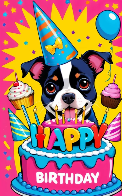 A dog with a Birthday hat and cupcakes on a Birthday card with a happy Birthday message on it's front cover, with a pink background with stars and yellow and blue and yellow, highly detailed digital art, a pastel, naive art