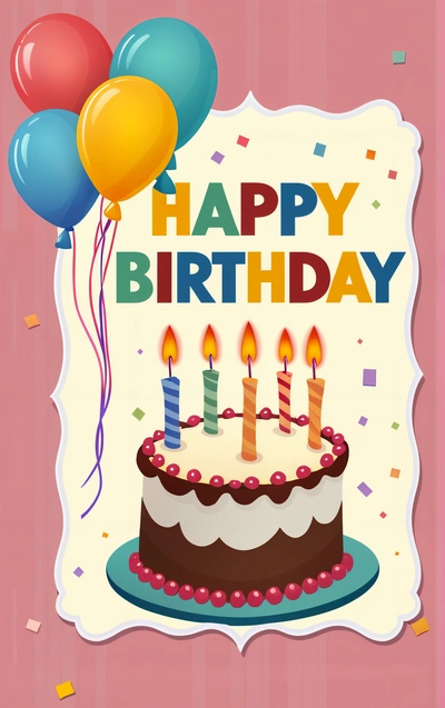A Birthday cake with candles and balloons on a pink background with a happy Birthday message in the middle of the card, with a pink background with a, plain background, a pastel, american barbizon school