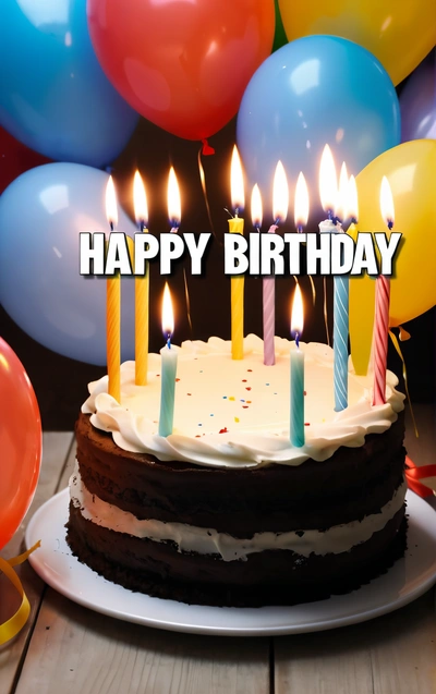 A Birthday cake with candles and balloons in the background with a happy Birthday message on it that reads happy Birthday, with a chocolate cake with white frosting and, plain background, a pastel, american barbizon school