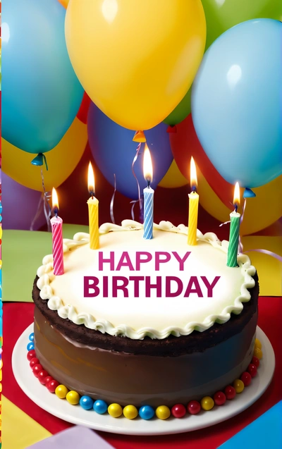 A Birthday cake with candles and balloons in the background with a happy Birthday message on it's topper that reads, happy Birthday, plain background, a pastel, american barbizon school