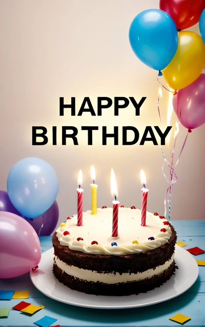 A Birthday cake with candles and balloons on a table with a happy Birthday message on it that says happy Birthday with balloons and a cake, plain background, a pastel, international typographic style
