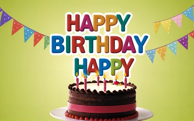 A Birthday cake with candles that say happy Birthday happy Birthday on it with bunting and bunting flags in the background and a green background, happy, a pastel, international typographic style