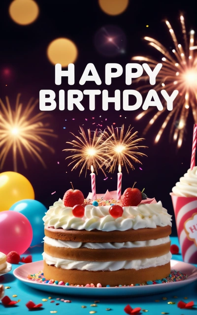 A Birthday cake with candles and balloons on a table with confetti and streamers in the background with a happy Birthday message written on the top, behance hd, a pastel, international typographic style