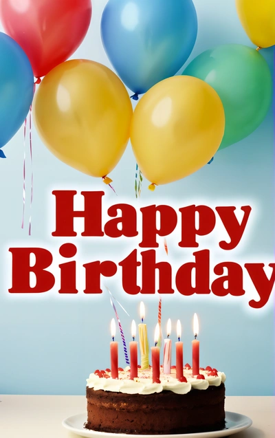 A Birthday cake with candles and balloons on it with the words happy Birthday written on it in red and white lettering on a blue background, plain background, a pastel, american barbizon school