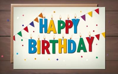 A Birthday card with candles and streamers on a wooden background with a wooden frame and a wood wall behind it that says happy Birthday, plain background, a digital rendering, international typographic style
