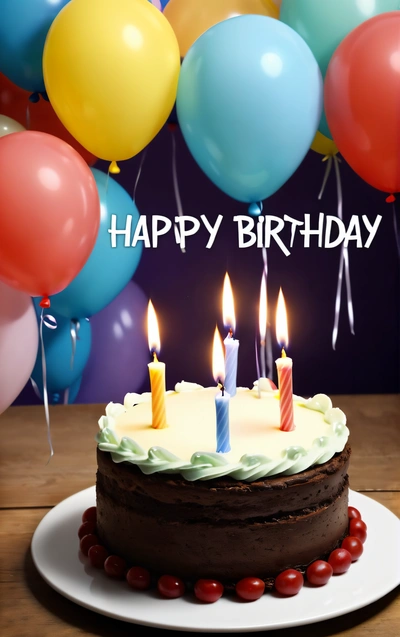 A Birthday cake with candles on it with balloons in the background and a happy Birthday card written on the top of the cake with the candles, happy, a pastel, american barbizon school