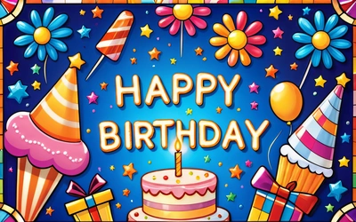 A Birthday card with a Birthday cake and presents on it with a happy Birthday message in the middle of the card is a colorful background, plain background, a pastel, naive art