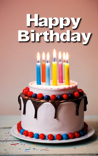 A Birthday cake with candles and candy on it with the words happy Birthday written on it and a few candles sticking out of the cake, plain background, a pastel, international typographic style