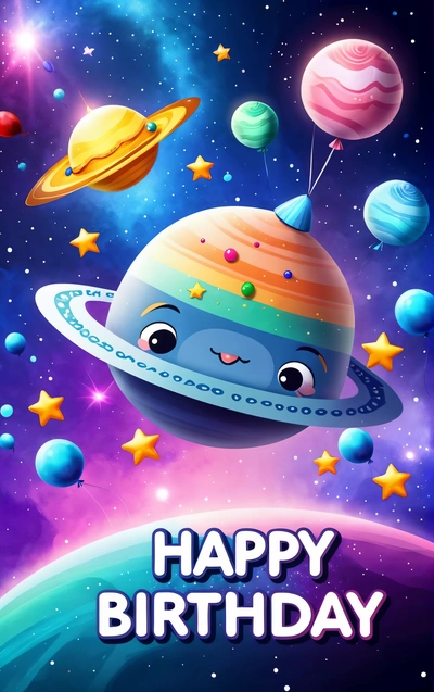 A cartoon character with a happy Birthday message in front of a space background with planets and stars, and a happy Birthday message in the middle, galaxy, a screenshot, space art