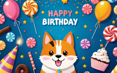 A happy Birthday card with a corgi dog surrounded by candy, lollipops, and balloons and stars on a blue background, plain background, computer graphics, furry art