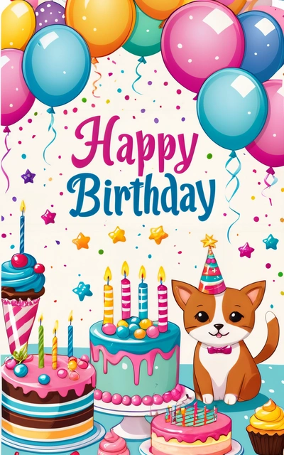 A Birthday card with a cat and a cake with candles and balloons on it and a cat sitting in front of it with a Birthday cake and balloons, plain background, a pastel, naive art