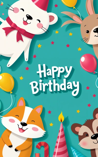 A Birthday card with animals and balloons on it's side, and a happy Birthday message in the middle of the card, with a happy Birthday message, plain background, vector art, naive art