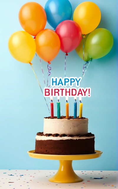 A Birthday cake with candles and balloons on a table with a blue background and a blue wall behind it that says happy Birthday, with a bunch of balloons, plain background, a pastel, international typographic style