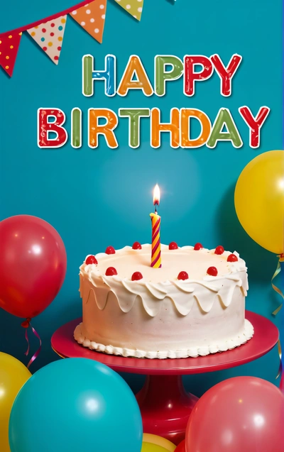 A Birthday cake with a candle surrounded by balloons and streamers with the words happy Birthday written on it in bold colors and a blue background, plain background, a pastel, american barbizon school