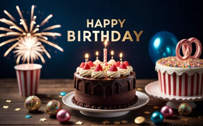 A Birthday cake with candles and decorations on a table with balloons and confetti on the table and a blue background with a happy Birthday sign, dark background, a pastel, international typographic style