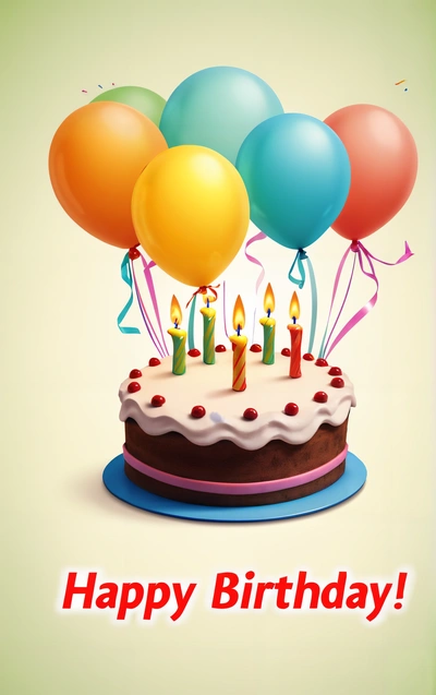 A Birthday cake with balloons and streamers on it with a happy Birthday message on the side of the cake that says happy Birthday,, behance hd, a pastel, international typographic style