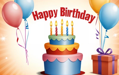 A Birthday cake with candles and balloons on a table with a gift box and a starburst on the table top with a happy Birthday message, plain background, a pastel, international typographic style