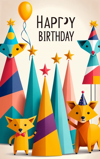 A Birthday card with a fox and a fox cub in a party hat and a balloon in the background with stars and a party hat, colorful flat surreal design, a poster, international typographic style
