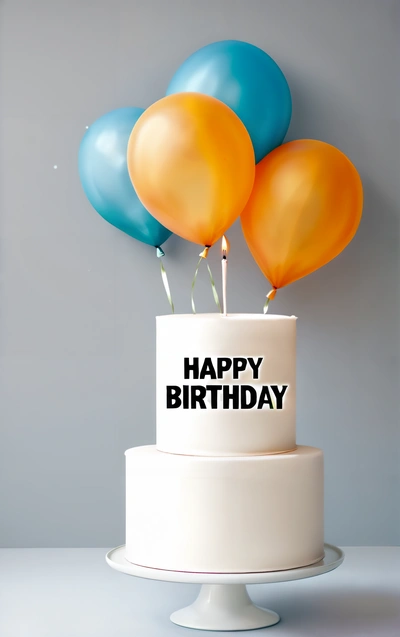 A Birthday cake with balloons on top of it and a happy Birthday sign on the top of it that says happy Birthday on the cake, plain background, a pastel, international typographic style