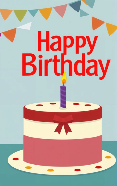 A Birthday cake with a candle on it with a happy Birthday message above it that reads, happy Birthday, with a red ribbon and white cake, plain background, a pastel, international typographic style