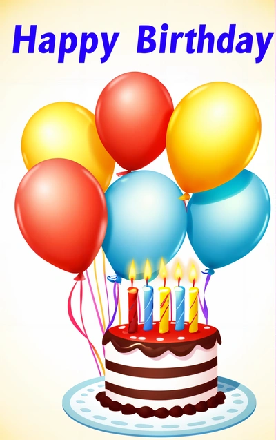 A Birthday cake with balloons and a candle on it with a happy Birthday message on the side of the card that says, happy Birthday, plain background, a pastel, dau-al-set
