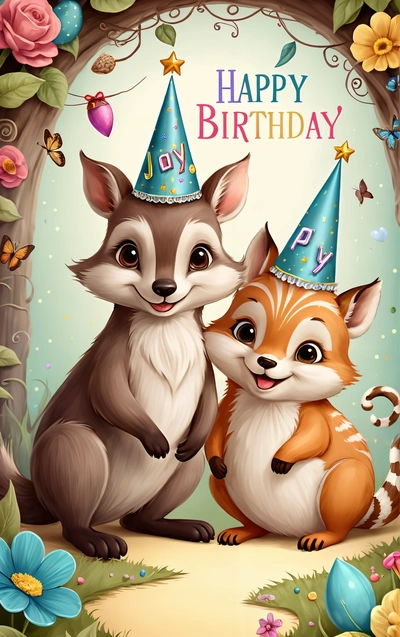 A happy Birthday card with two cute foxes and a fox in a forest with flowers and butterflies on a blue background with a happy Birthday message, behance hd, a storybook illustration, furry art