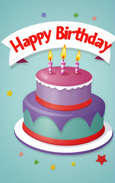 A Birthday cake with three candles on it and a banner that says happy Birthday on it with stars around it and a ribbon with a ribbon, plain background, a pastel, american barbizon school
