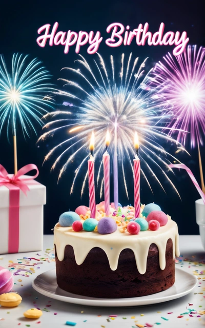A Birthday cake with candles and decorations on a table with confetti and confetti sticks and a gift box with a happy Birthday written on it, 4k uhd image, a pastel, dau-al-set