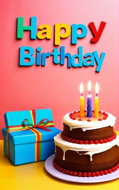 A Birthday cake with lit candles on a table with a gift box and a happy Birthday sign in the background with a pink background and blue box, plain background, a pastel, american barbizon school
