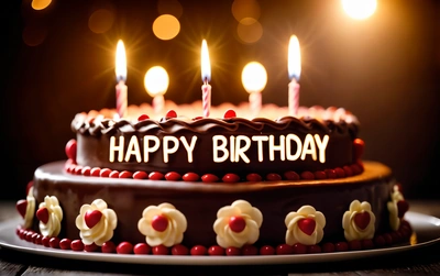 A Birthday cake with lit candles on it on a table with lights in the background and a black background with a white and red cake, happy, a pastel, international typographic style