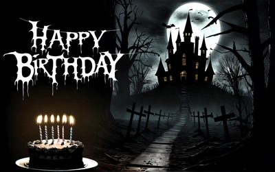 A Birthday cake with candles on it in front of a creepy castle with bats and a full moon in the background with a creepy graveyard scene, dark background, a pastel, gothic art