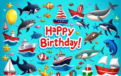 A Birthday card with a bunch of different animals and boats on it, and a happy Birthday message in the middle of the card is a blue background, plain background, computer graphics, naive art