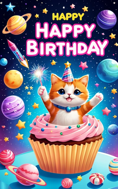 A cat is sitting on top of a cupcake with a sparkler in its hand and a space background with planets and stars around it, cute and funny, a screenshot, space art