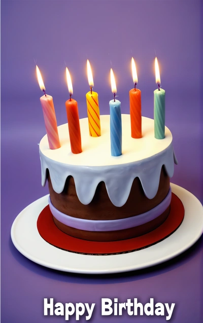 A Birthday cake with lit candles on it with a purple background and a purple background with a red border around the cake and the words happy Birthday written on the cake, candles, a pastel, dau-al-set